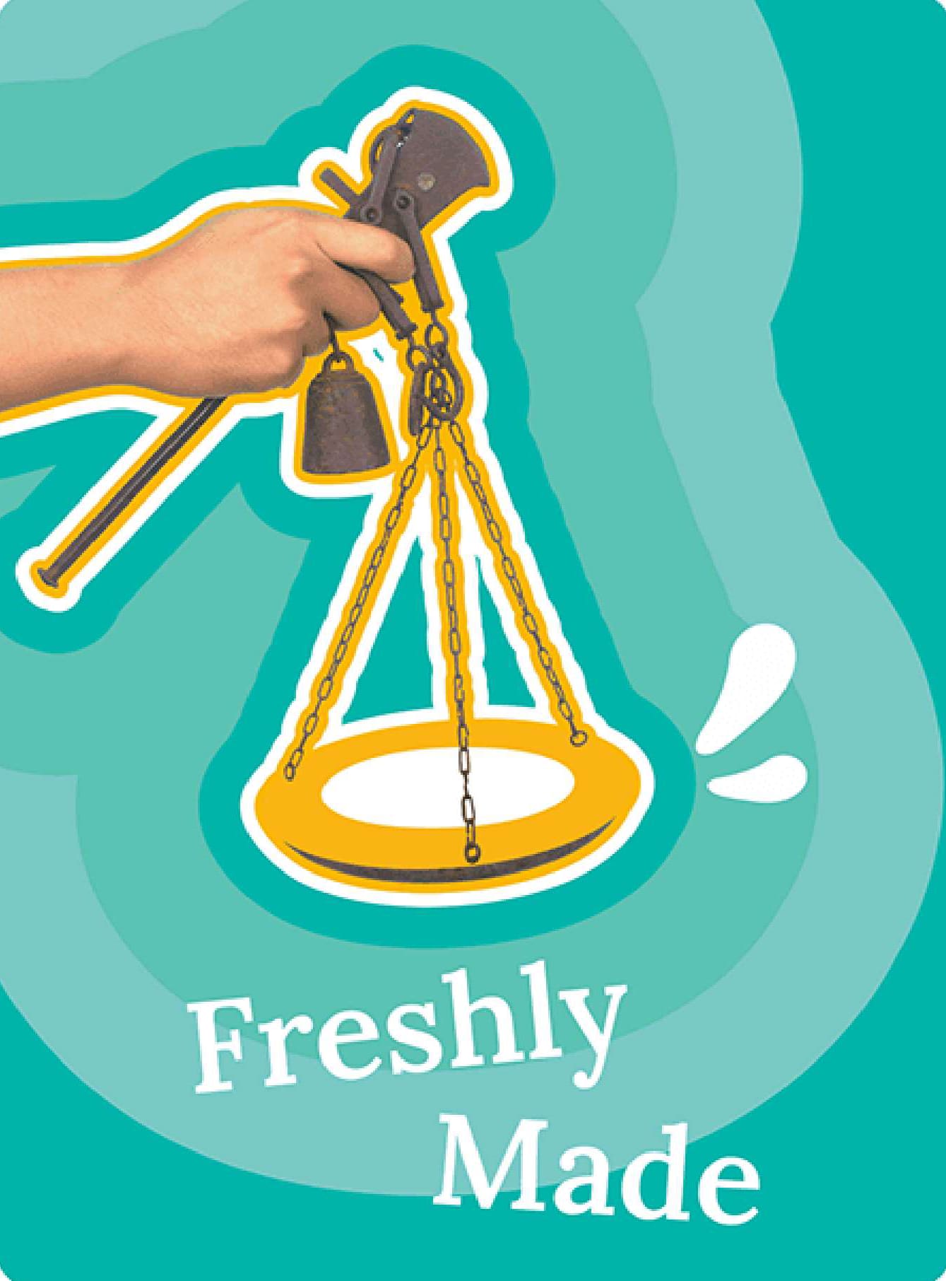Illustrated poster: Freshly made, with a vintage market scale on teal