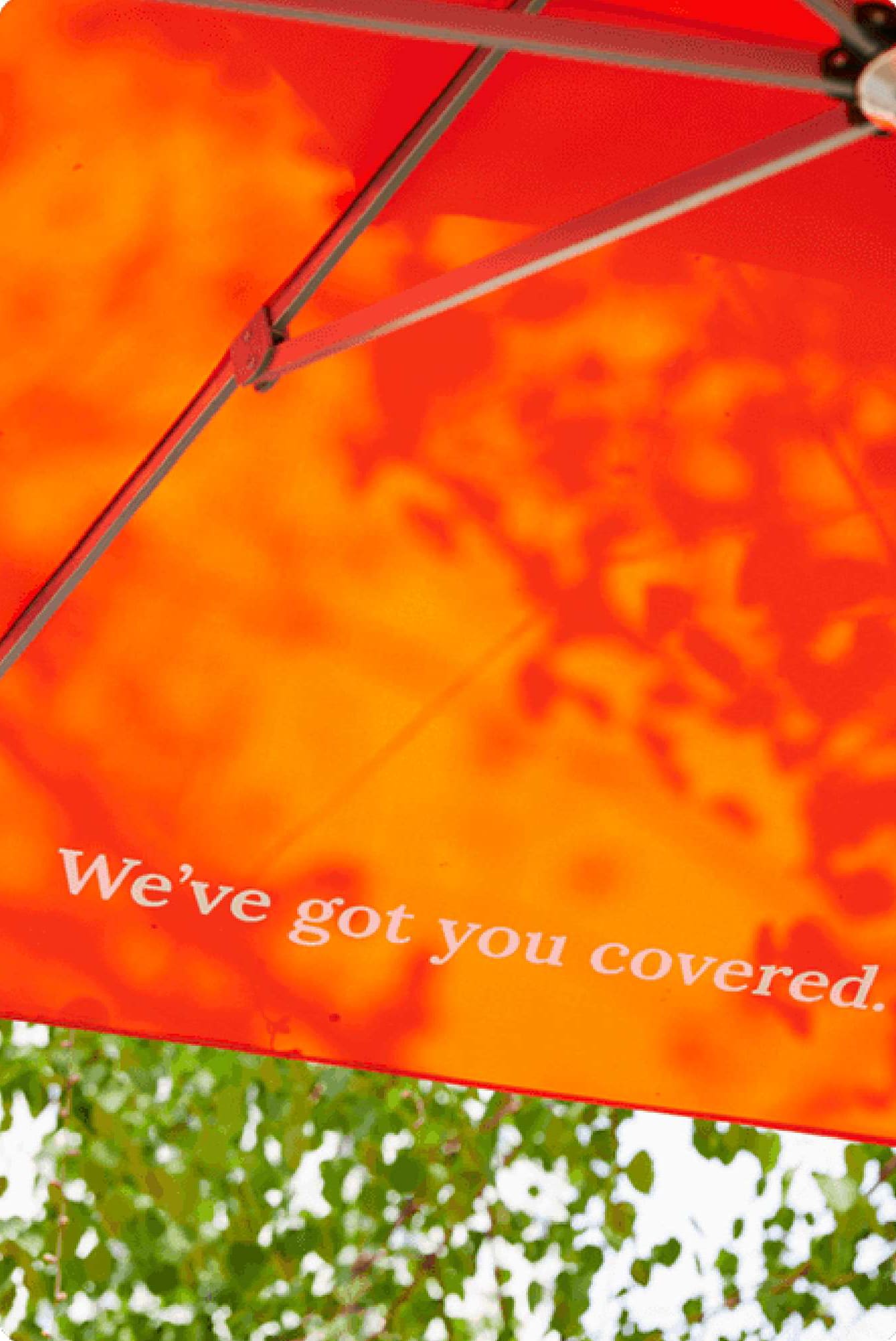 An orange parasol printed with We've got you covered