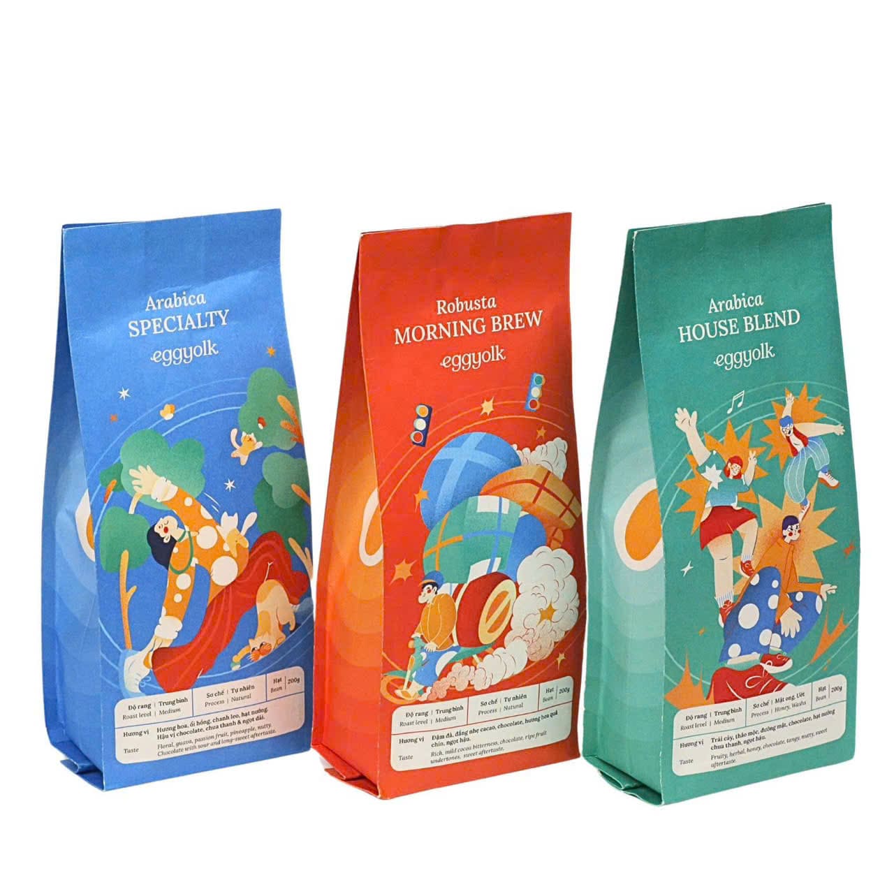 Three illustrated coffee bags: Arabica Specialty, Robusta Morning Brew and Arabica House Blend